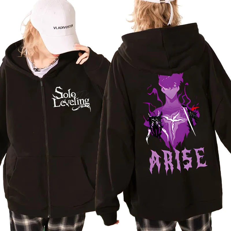 Hoodie manga unisexe noir avec design 'Solo Leveling' et motif violet au dos