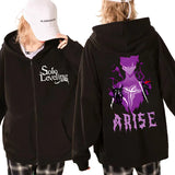 Hoodie manga unisexe noir avec design 'Solo Leveling' et motif violet au dos