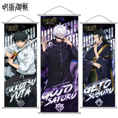 Poster tissu Jujutsu Kaisen avec personnages principaux, idéal pour tous les fans de la série.