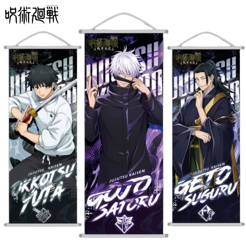 Poster tissu Jujutsu Kaisen avec personnages principaux, idéal pour tous les fans de la série.