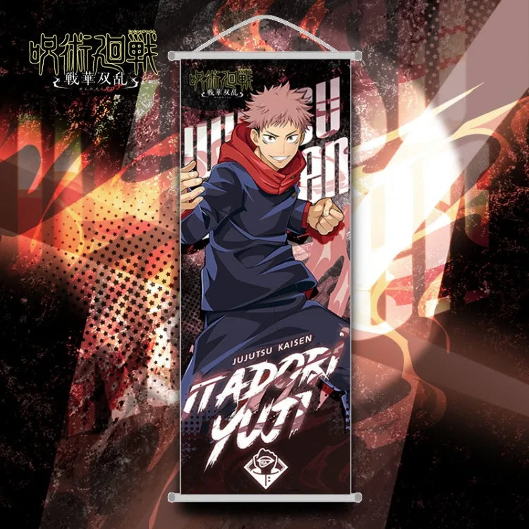 Poster tissu Jujutsu Kaisen avec Yuji Itadori en action sur fond coloré