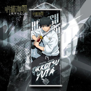 Poster tissu Jujutsu Kaisen avec un personnage maniant une épée et un design dynamique