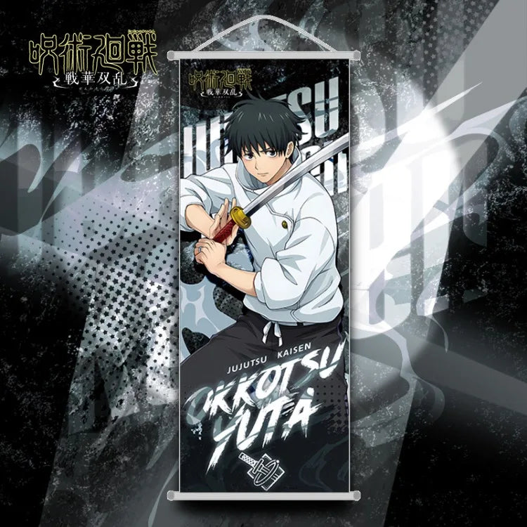 Poster tissu Jujutsu Kaisen avec un personnage maniant une épée et un design dynamique