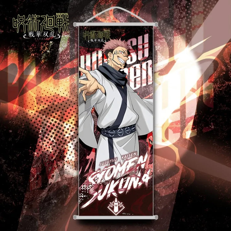 Poster tissu Jujutsu Kaisen avec des personnages emblématiques sur fond stylisé