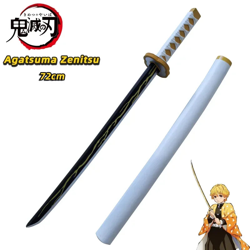 Katana cosplay mousse Agatsuma Zenitsu de 72cm avec un design noir et doré, idéal pour les fans d'anime