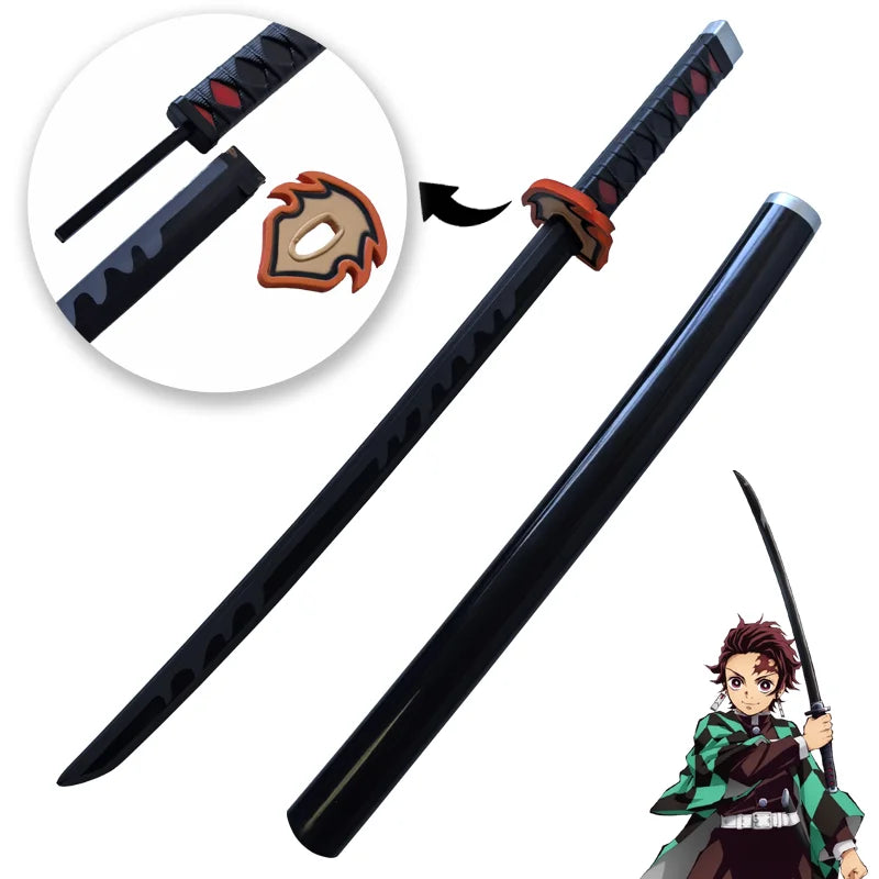 Katana cosplay mousse noire avec poignée détaillée, idéale pour les fans d'anime et de costumes