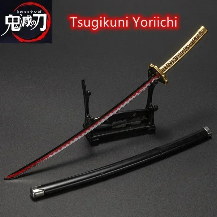 Katana Tanjiro Kamado avec poignée dorée et lame rouge sur support élégant