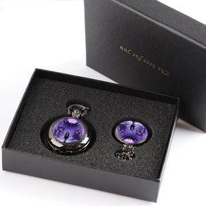 Montre à gousset vintage quartz Eterna avec boîtier noir et cadran violet élégante dans un écrin
