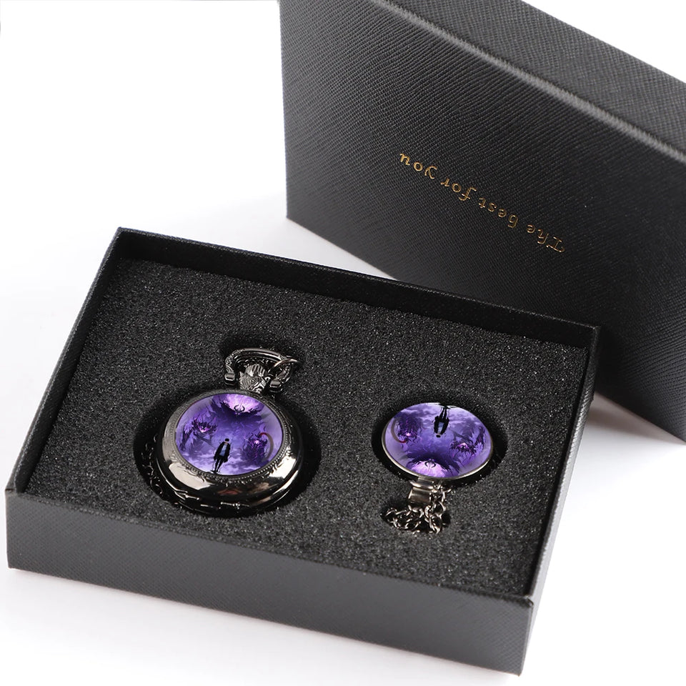 Montre à gousset vintage quartz Eterna avec boîtier noir et cadran violet élégante dans un écrin
