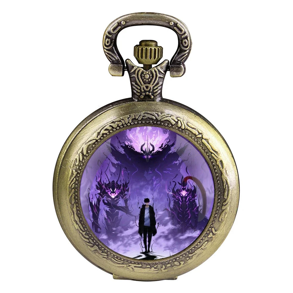 Montre à gousset vintage quartz en laiton avec design artistique unique et décorations mystérieuses