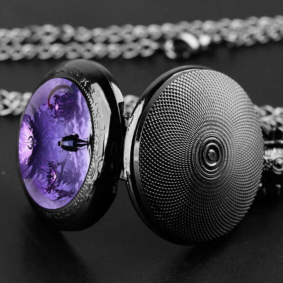 Montre à gousset vintage quartz avec motif violet et chaîne en métal élégante