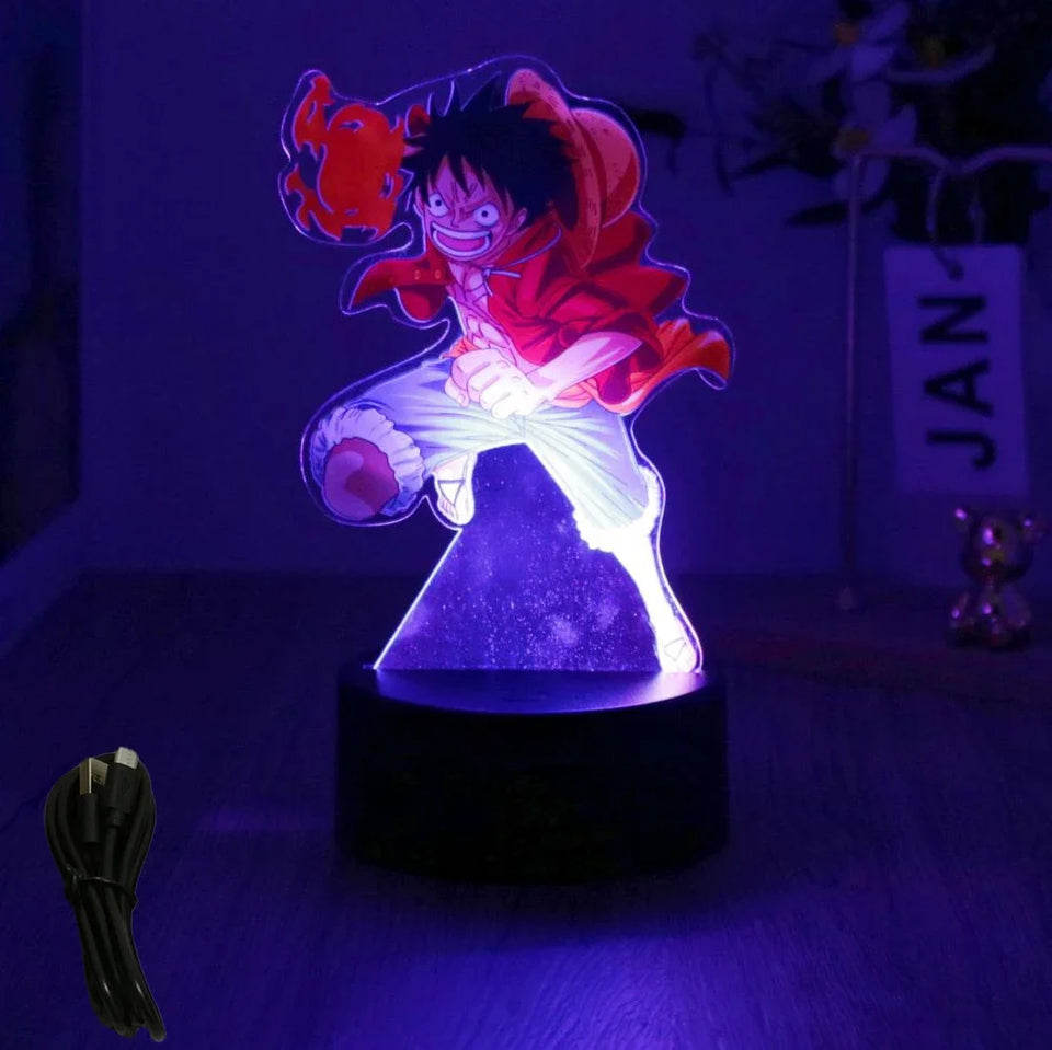 Lampe 3D Eterna avec personnage de manga Luffy, éclairage violet et base élégante