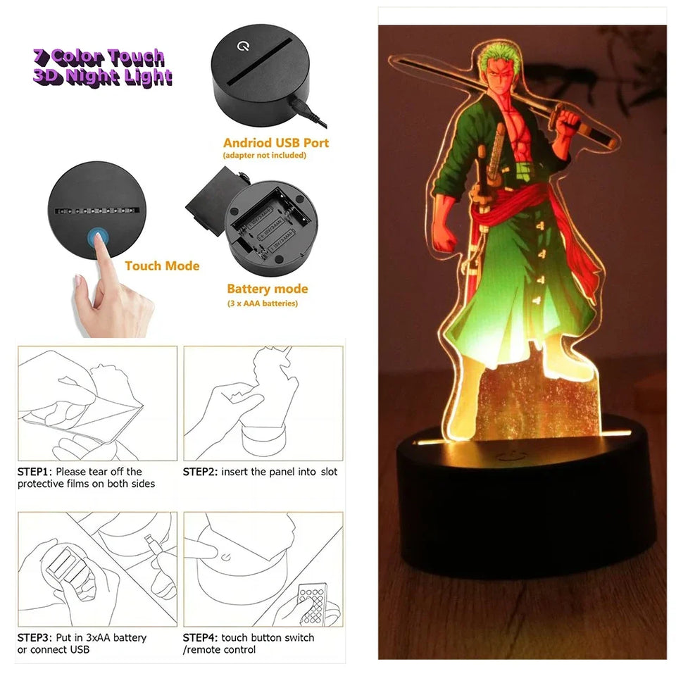 Lampe de nuit 3D tactile à 7 couleurs avec personnage de manga, port USB et mode batterie