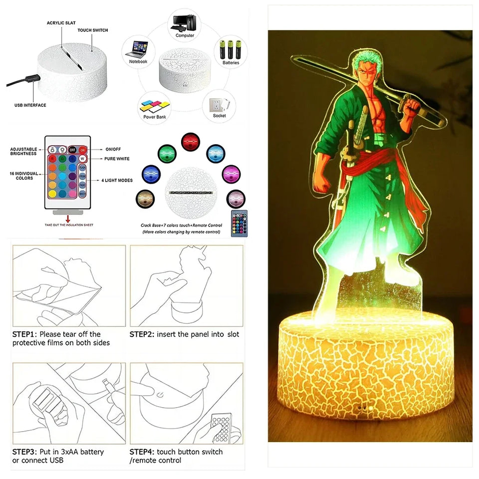 Lampe LED 3D Eterna avec personnage de manga, télécommande et fond lumineux personnalisable