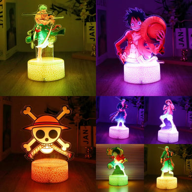 Lampe 3D Eterna One Piece avec figures de Luffy et Zoro, effet LED coloré et design créatif