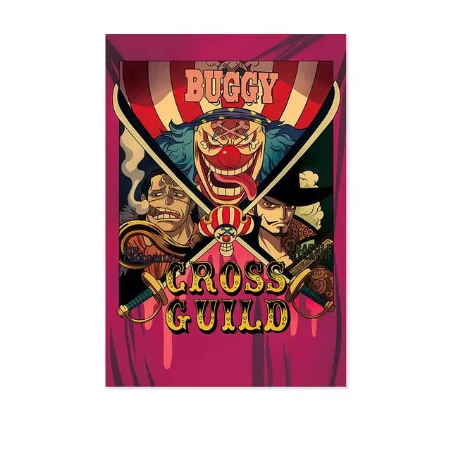 Affiches One Piece Wanted avec Buggy et le logo Cross Guild sur fond coloré