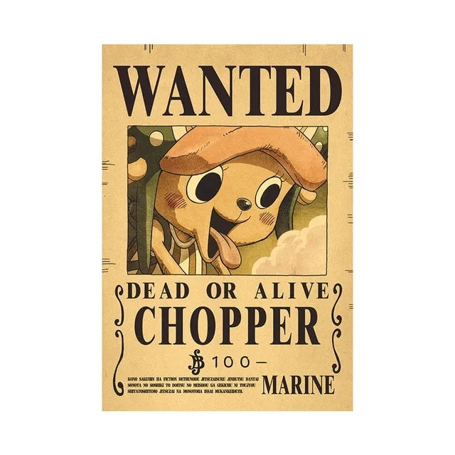 Affiche One Piece Wanted de Chopper avec texte indiquant 'mort ou vif' et prix de 100 Berries