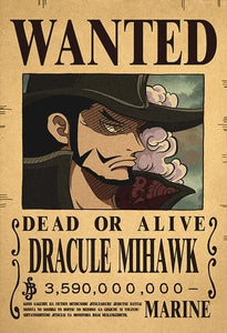 Affiche One Piece Wanted de Dracule Mihawk avec une récompense de 3,590,000,000 berrys