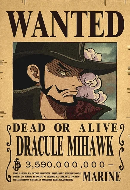 Affiche One Piece Wanted de Dracule Mihawk avec une récompense de 3,590,000,000 berrys
