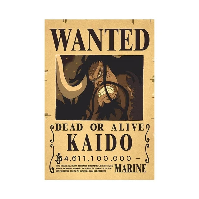 Affiches One Piece Wanted de Kaido avec une prime de 4 611 100 000 dollars pour les fans d'animé