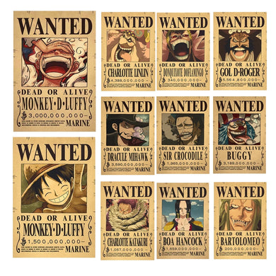 Affiches One Piece Wanted affichant des personnages emblématiques avec leurs primes respectives