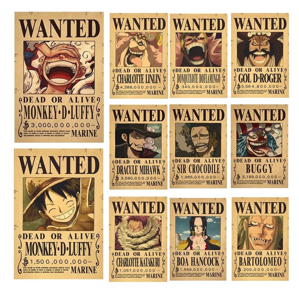 Affiches One Piece Wanted affichant des personnages emblématiques avec leurs primes respectives