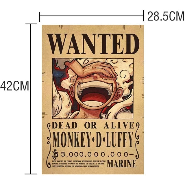 Affiche One Piece Wanted de Monkey D. Luffy avec une illustration colorée et des détails captivants