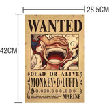 Affiche One Piece Wanted de Monkey D. Luffy avec une illustration colorée et des détails captivants