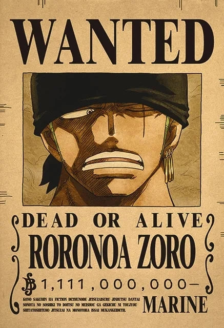 Affiche One Piece Wanted de Roronoa Zoro avec un montant de prime de 1 111 000 000 berrys