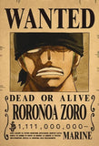 Affiche One Piece Wanted de Roronoa Zoro avec un montant de prime de 1 111 000 000 berrys