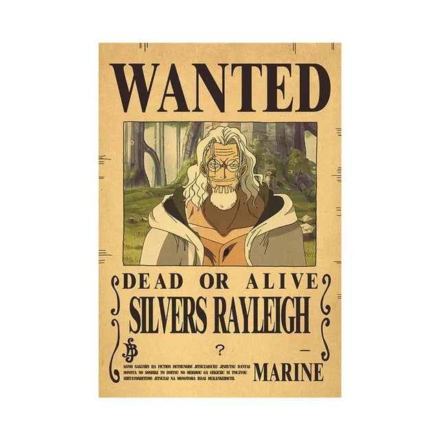Affiches One Piece Wanted de Silvers Rayleigh avec illustration et texte en vieux style