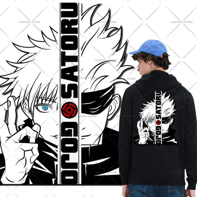 Patch thermocollant Gojo Satoru Jujutsu Kaisen appliqué sur une veste en jean

