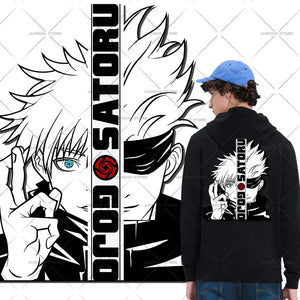 Patch thermocollant Gojo Satoru Jujutsu Kaisen appliqué sur une veste en jean

