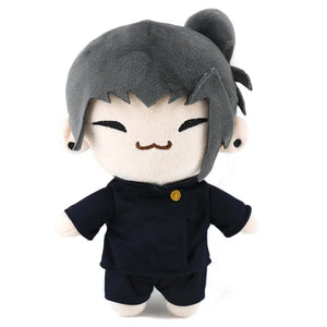 Peluche kawaii Jujutsu Kaisen, personnage souriant en tenue noire, parfait pour les fans de la série