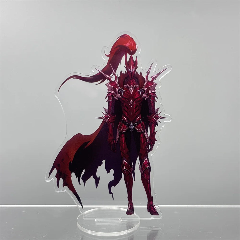 Porte-clé acrylique Solo Leveling représentant un personnage en armure rouge avec une cape noire