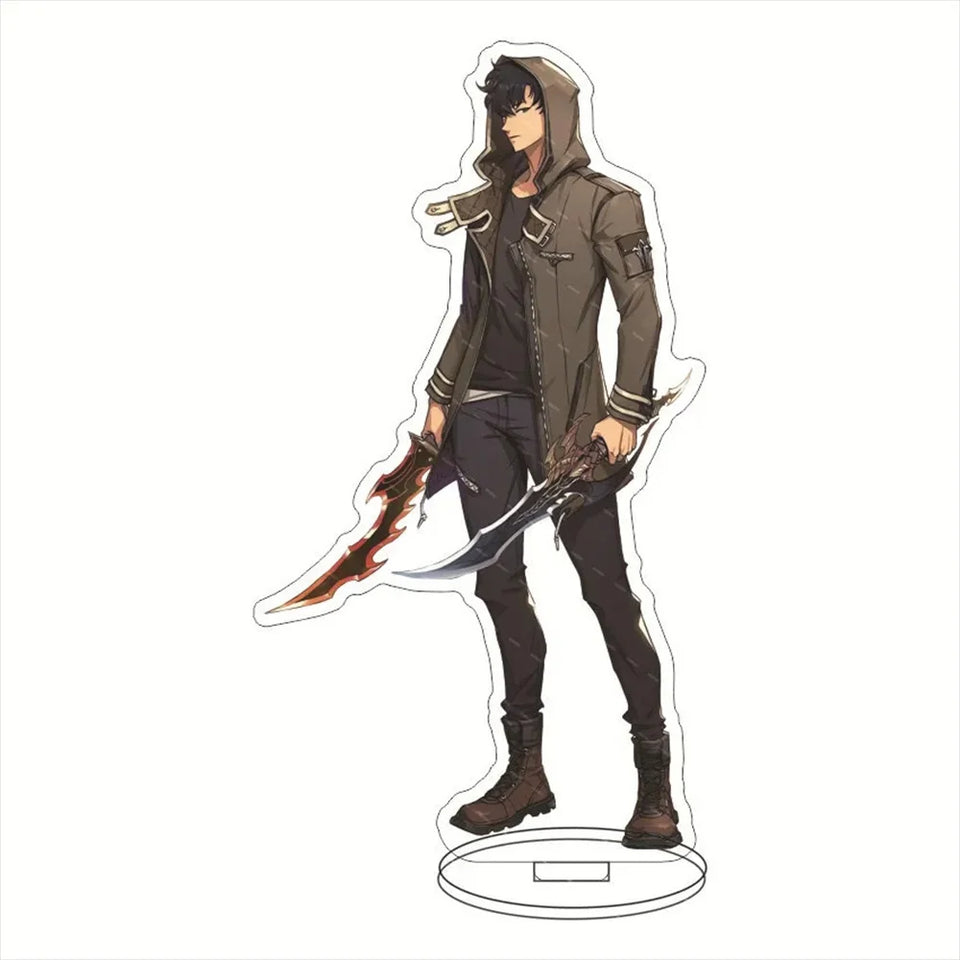Porte-clé acrylique Solo Leveling représentant un personnage avec des épées, parfait pour les fans de la série