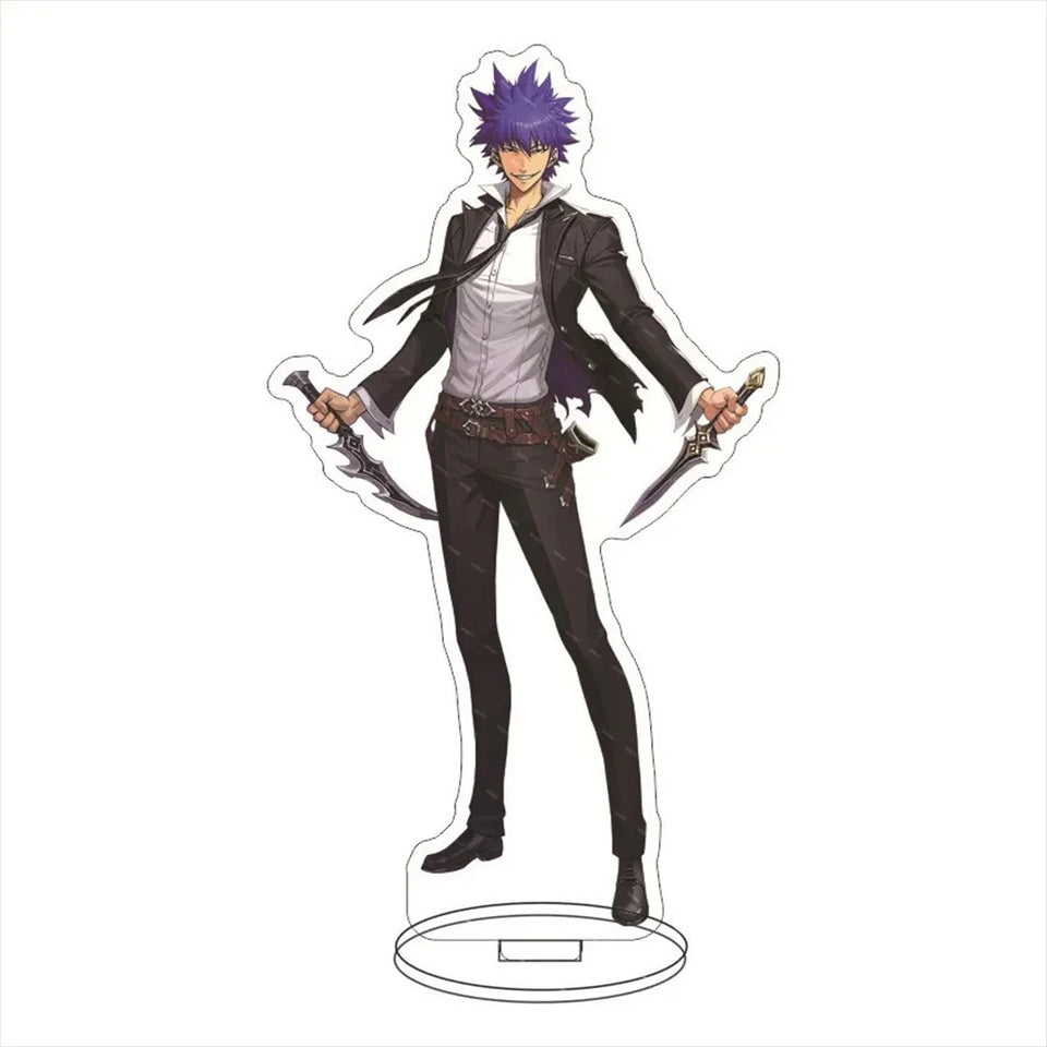 Porte-clé acrylique Solo Leveling représentant un personnage avec deux épées et un costume noir