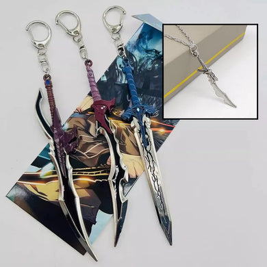 Porte-clé épée Solo Leveling en métal avec designs variés en détail sur fond d'art de jeu