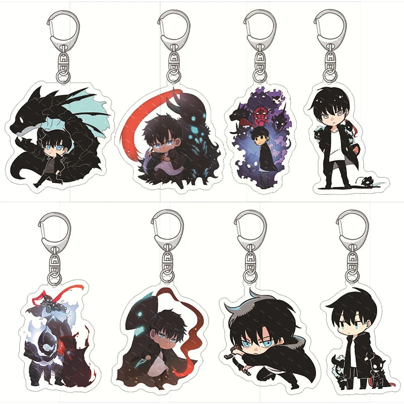 Assortiment de porte-clés Solo Leveling en acrylique avec des personnages colorés de la série