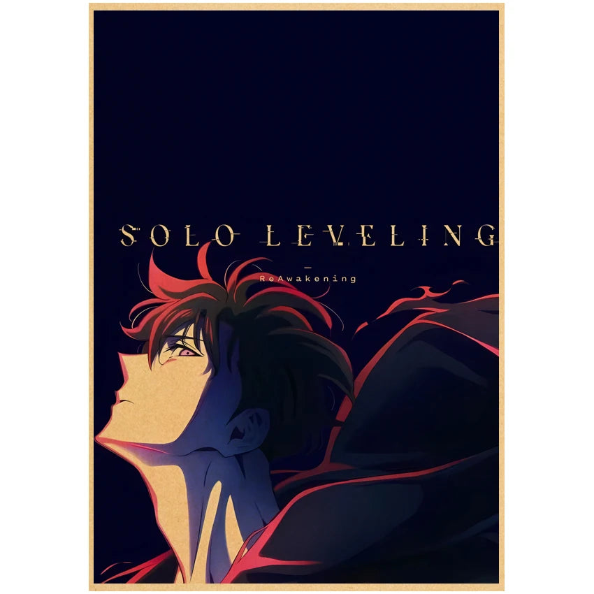 Affiche Solo Leveling avec un personnage d'anime regardant vers le ciel, remplie de mystère et de style