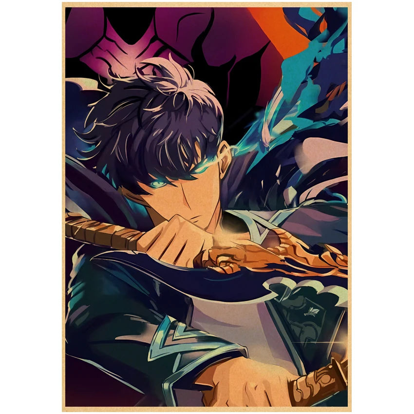 Affiche Solo Leveling avec un personnage épique tenant une arme et un regard déterminé