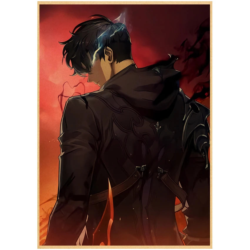 Affiche Solo Leveling avec un personnage mystérieux en cape noire sur un fond rouge dramatique