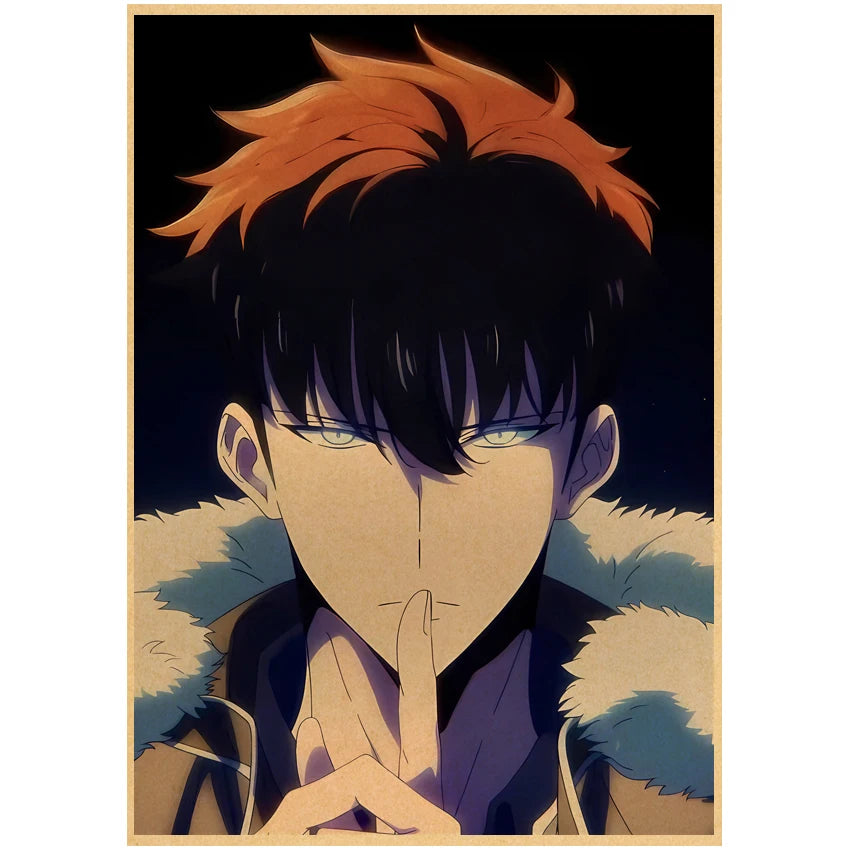 Affiche Solo Leveling présentant un personnage mystérieux avec des cheveux roux et un regard captivant