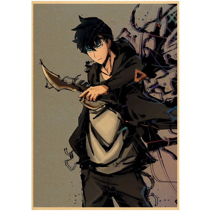 Affiche Solo Leveling avec un personnage tenant une épée dans un style d'art dynamique