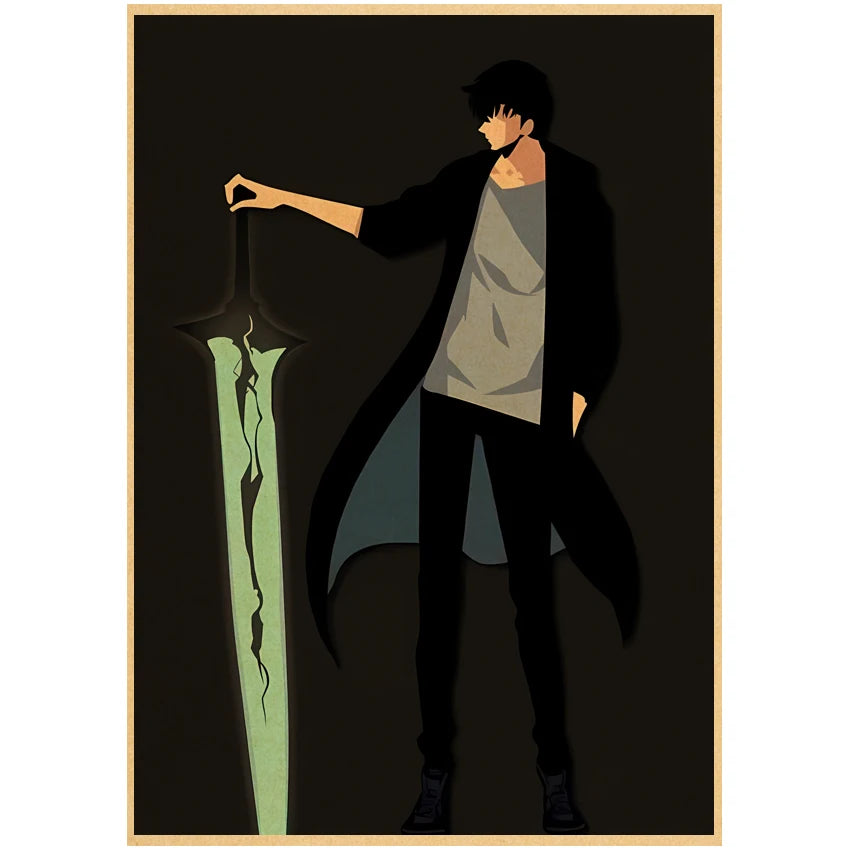 Affiche Solo Leveling avec un personnage tenant une épée sur fond noir