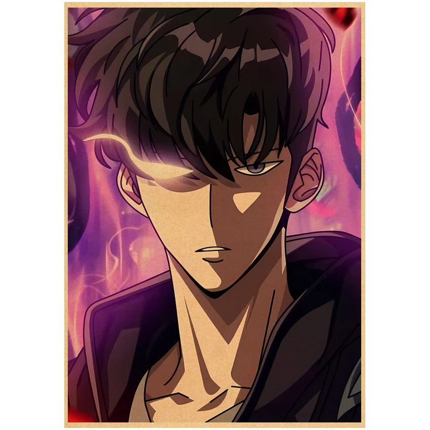 Poster Solo Leveling avec un personnage stylisé et des couleurs vibrantes