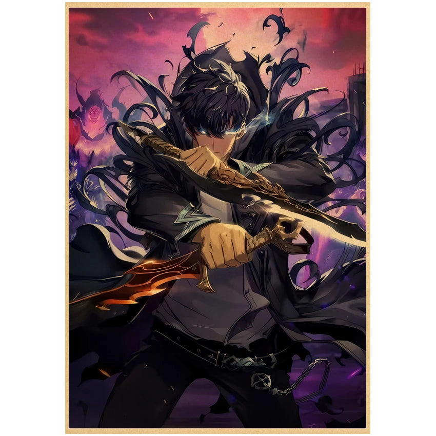 Affiche Solo Leveling avec un personnage en armure brandissant une épée dans un fond sombre et dramatique