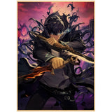Affiche Solo Leveling avec un personnage en armure brandissant une épée dans un fond sombre et dramatique