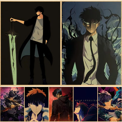 Affiche Solo Leveling présentant des personnages héroïques avec des épées et des effets dynamiques