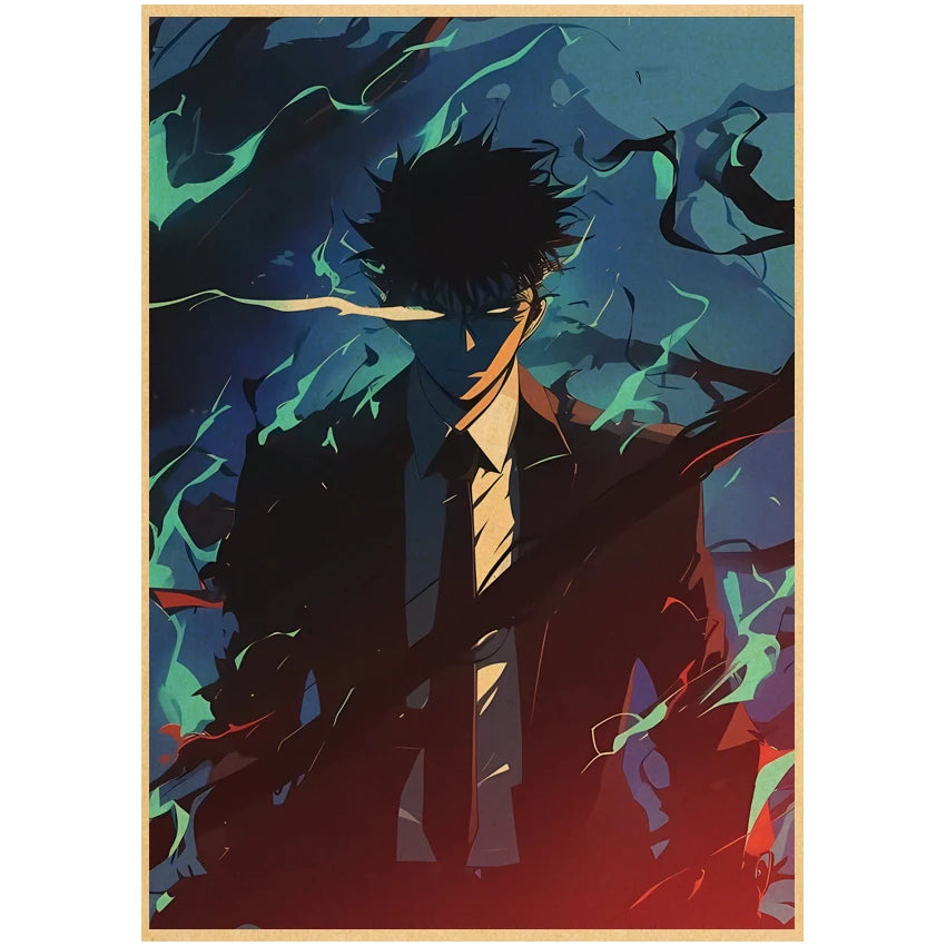 Affiche Solo Leveling avec un personnage mystérieux en costume noir sur fond vibrant